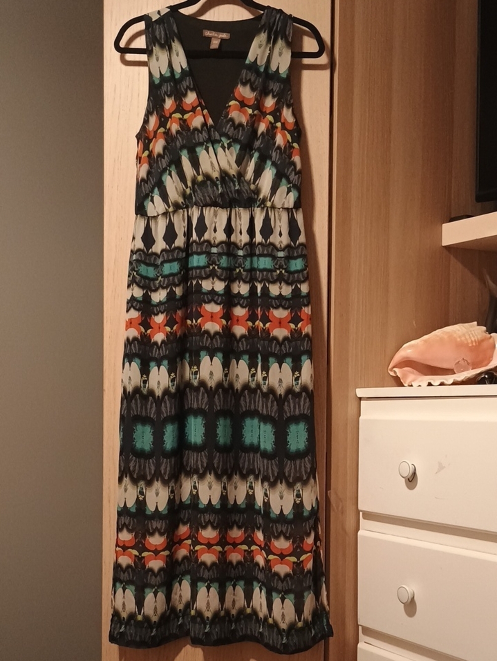 Patterned Sleeveless Maxi Dress in Teal, Orange, Black Sz M